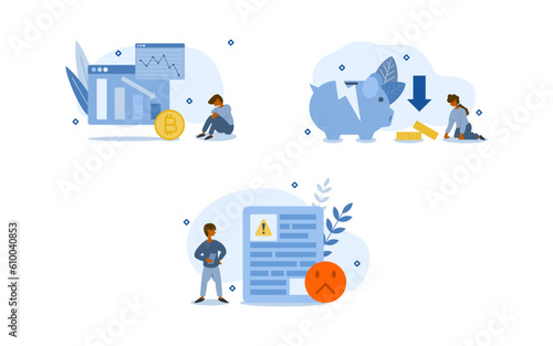 bitcoin downtrend illustration set. characters seen downtrend in bitcoin and news that lowers the value of the asset. bitcoin fluctuation concept. vector illustration.