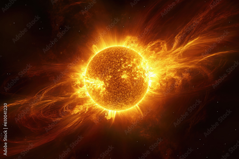 Surface of sun with prominences, solar radiation and magnetic storm ...