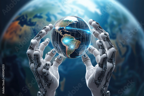 Robot hand holds planet on abstract background. Global world in hand of artificial intelligence. Technology development and machine learning. Created with Generative AI © Lazy_Bear
