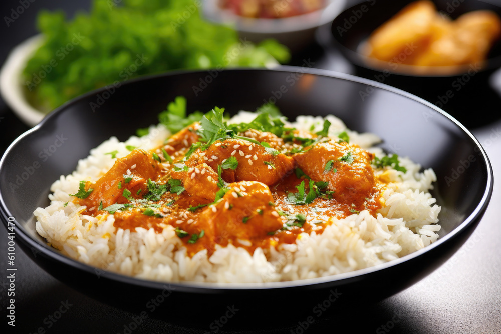 Curry chicken with rice in bowl. Traditional Indian cuisine. Oriental food. Created with Generative AI Curry chicken with rice in bowl. Traditional Indian cuisine. Oriental food. Created with Generative AI