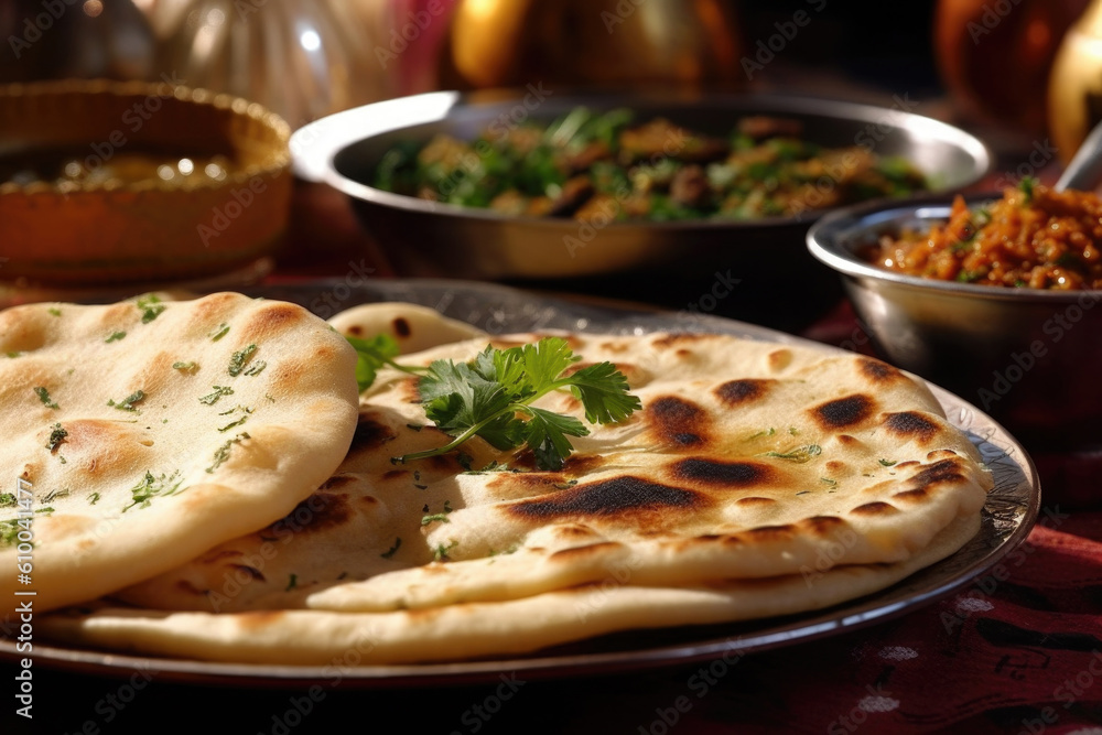 Indian naan bread in plate. Flatbread with parsley and spices. Indian cuisine. Created with Generative AI Indian naan bread in plate. Flatbread with parsley and spices. Indian cuisine. Created with Generative AI
