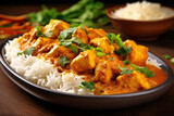 Curry chicken with rice in bowl. Traditional Indian cuisine. Oriental food. Created with Generative AI