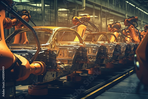 Car factory with robotic arms at assembly line. Automated vehicle conveyor welding car frames. Created with Generative AI