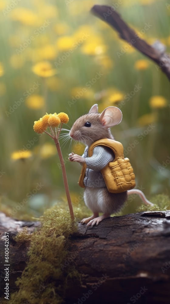 tiny little mouse eating flowers in the woods Generative Ai