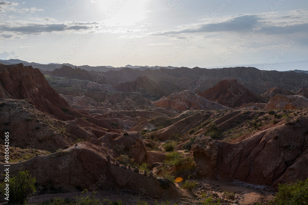 Canyon in Kyrgyzstan. Multi-colored canyon Fairy Tale. Kyrgyzstan mountains. Issyk-Kul region. Charyn Canyon.