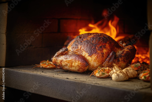 spatchcock chicken in front of stone oven created with Generative AI technology