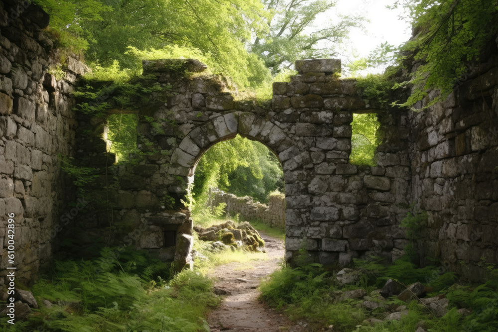 old abandoned stone gateway created with Generative AI technology