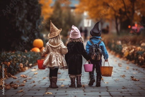 Kids at halloween celebration created with Generative AI technology © Goffkein