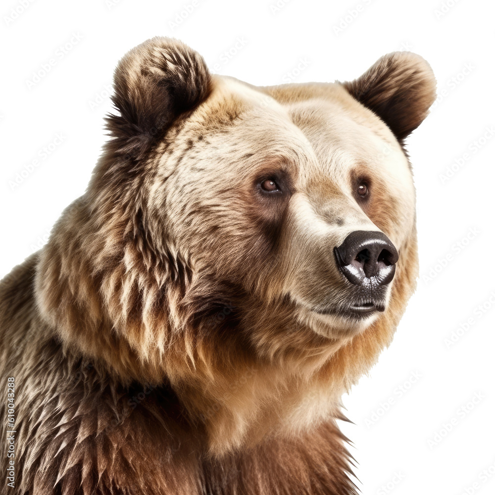 Portrait of a brown bear in front of a transparent background. Created with Generative AI tools