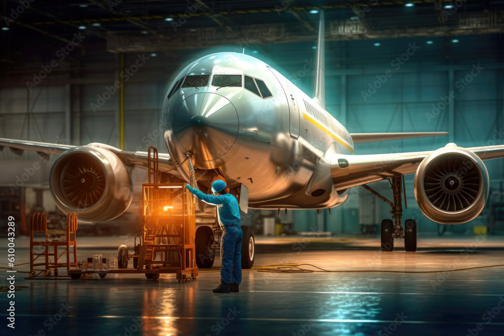 Aircraft maintenance in hangar created with Generative AI technology Aircraft maintenance in hangar created with Generative AI technology