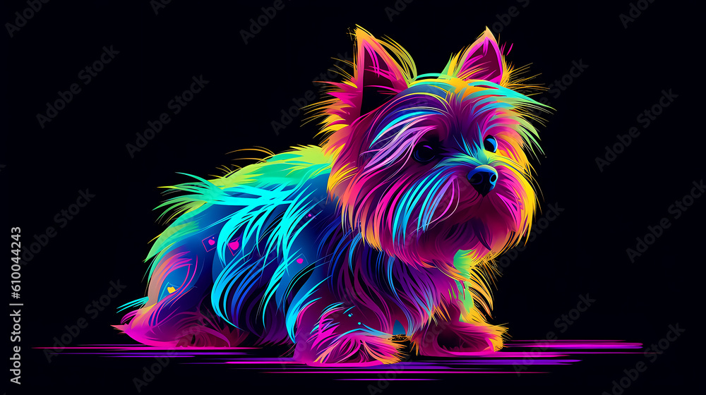 Yorkshire Terrier in neon technical color glitch graphic generative ai
