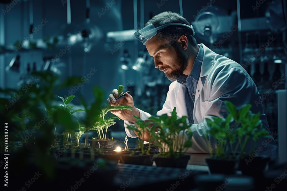 Agronomist biologist man growing green plants in laboratory made with Generative AI technology - obrazy, fototapety, plakaty 