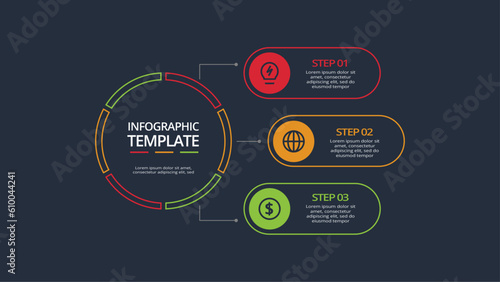 Line concept for infographic with 3 steps, options, parts or processes. Template for web on a black background.