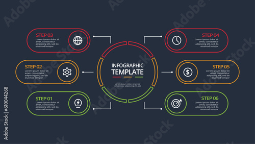 Line concept for infographic with 6 steps, options, parts or processes. Template for web on a black background.