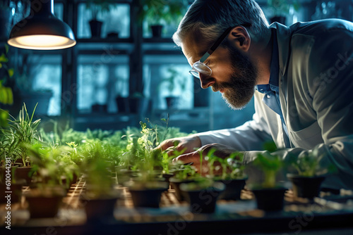 Agronomist biologist man growing green plants in laboratory made with Generative AI technology photo