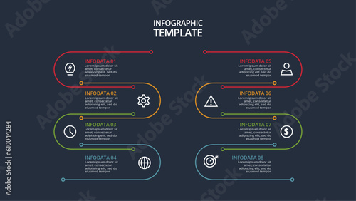 Line concept for infographic with 8 steps, options, parts or processes. Template for web on a black background.