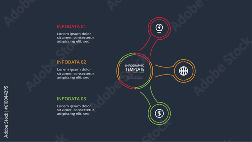 Line concept for infographic with 3 steps, options, parts or processes. Template for web on a black background.