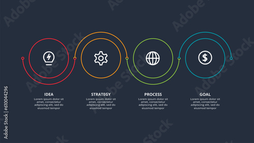 Line concept for infographic with 4 steps, options, parts or processes. Template for web on a black background.