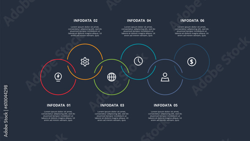 Line concept for infographic with 6 steps, options, parts or processes. Template for web on a black background.