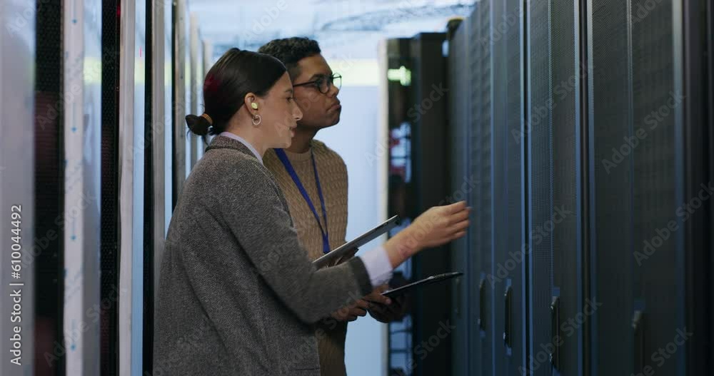 Team, discussion and server room, woman and man in network administration for database update. Tech employees, system maintenance and technician team problem solving online in data center together.