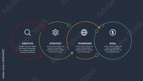 Line concept for infographic with 4 steps, options, parts or processes. Template for web on a black background.