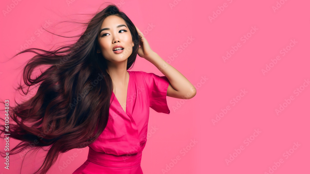 Cheerful laughing asian woman having fun over pink background. Generative Ai Cheerful laughing asian woman having fun over pink background. Generative Ai