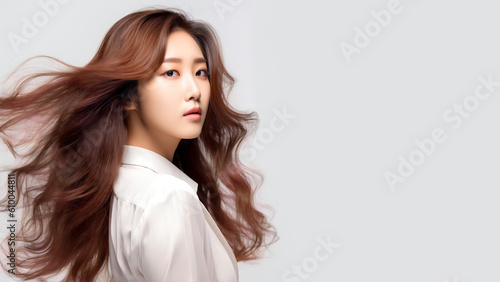Lustrous Elegance: Asian Model with Voluminous Hair in Hair Care Advertisemen. AI Generative