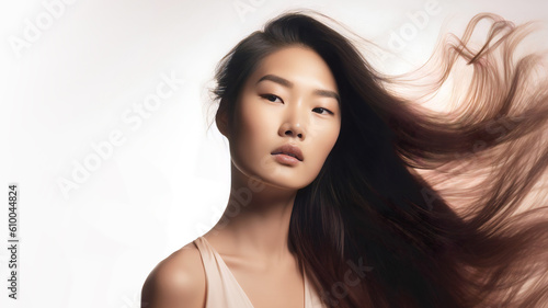  Asian Model with Voluminous Hair in Luxurious Hair Care Advertisement  on white background.  Generative AI image