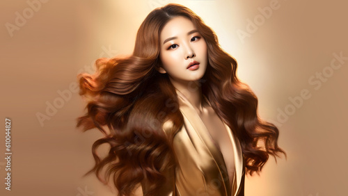 Lustrous Elegance: Asian Model with Voluminous Hair in Hair Care Advertisemen. AI Generative