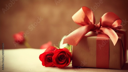 red rose and gift box on wooden background