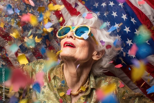  Old woman sings and holds American flag on confetti background. Independence Day celebration concept, memorial day, emigration, US flag,generative ai.