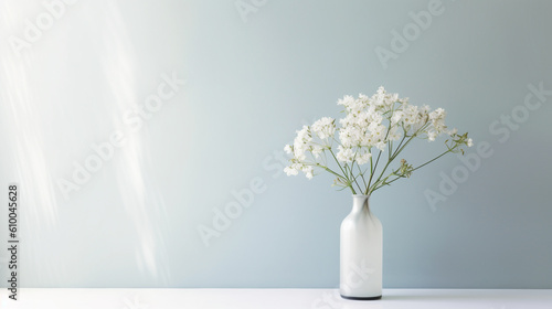 Белые цветы в вазе на фоне голубой стены