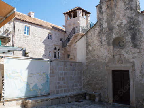 Old buildings in Korcula town, Croatia, church of St Peter and birth house of Marco Polo