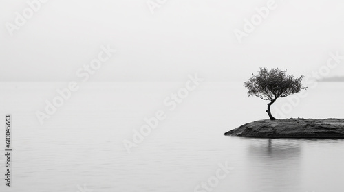 Черно белый остров с деревом, минимализм, пейзаж 