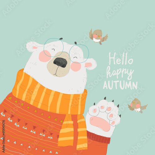 Cute Polar Bear wearing Cozy Sweater saying Hello Autumn