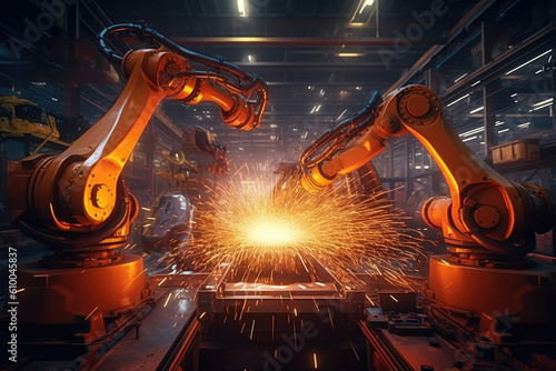 Robotic arm doing welding in industrial plant made with Generative AI technology
