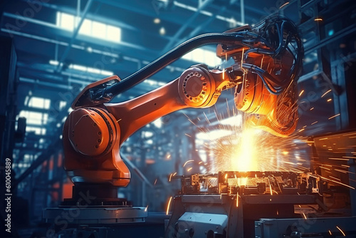 Robotic arm doing welding in industrial plant made with Generative AI technology