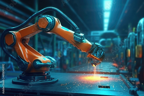 Robotic arm doing welding in industrial plant made with Generative AI technology