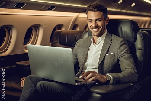Portrait of handsome businessman working on laptop while flying on airplane made with Generative AI technology © Goffkein