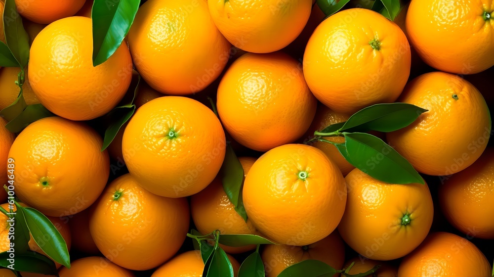Fresh oranges with green leaves as background, top view, close up Fresh oranges with green leaves as background, top view, close up