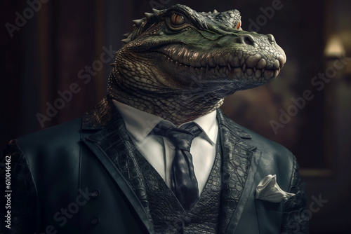 Portrait of a Crocodile dressed in a formal business suit, generative AI