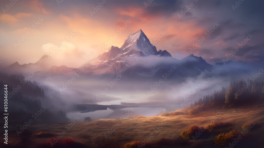 breathtaking beauty of a serene mountain landscape at sunrise, showcasing the majestic peaks, soft morning light, and a touch of mist, Generated AI