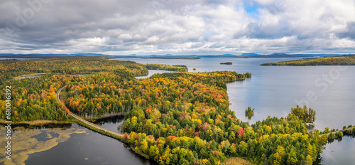 Autumn panorama at Moosehead Lake - Maine - Train tracks along the lakeshore