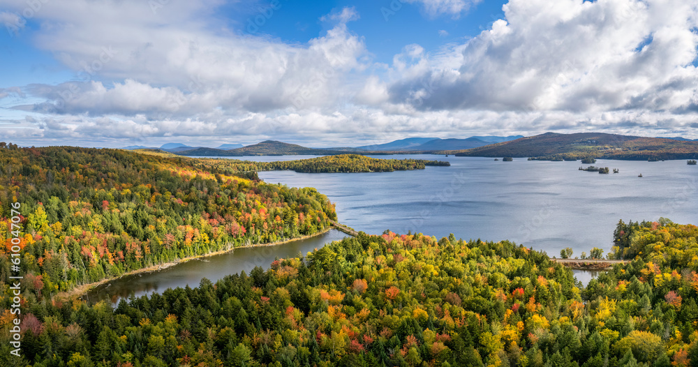 Autumn panorama at Moosehead Lake - Maine - Train tracks along the lakeshore