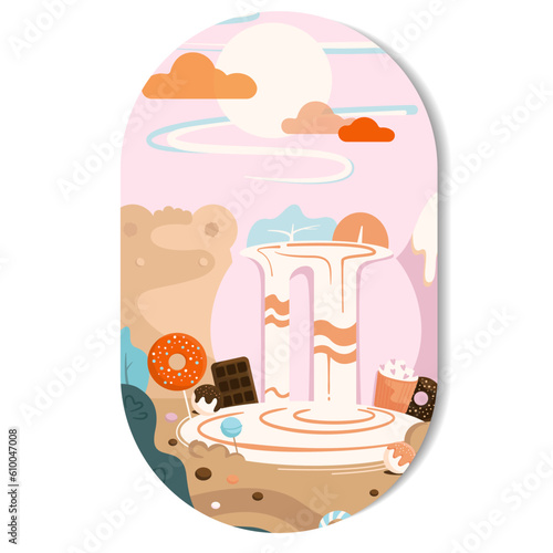 Cute landscape with sweets sticker. A mountain in the shape of a bear cub. A barrel of condensed milk, a coast of cookies, ice cream, cupcake and donut. Background, picture, postcard. Vector