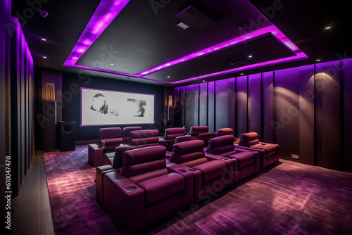 Home theater with plush seating, dimmable lighting, and a modern audiovisual system, Bauhaus style interior, Interior Design Generative AI