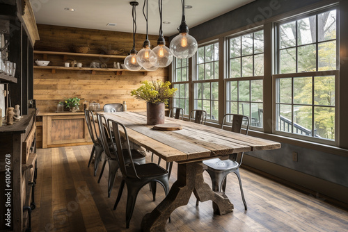 Dining room with a large reclaimed wood table, mismatched chairs, and a statement chandelier, Rustic style interior, Interior Design Generative AI