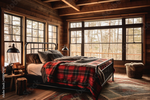 Bedroom with a log bed frame, plaid bedding, and warm earthy tones, Rustic style interior, Interior Design Generative AI © Катерина Євтехова