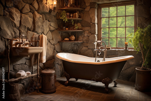 Rustic bathroom with a clawfoot tub  stone accents  and antique fixtures  Rustic style interior  Interior Design Generative AI