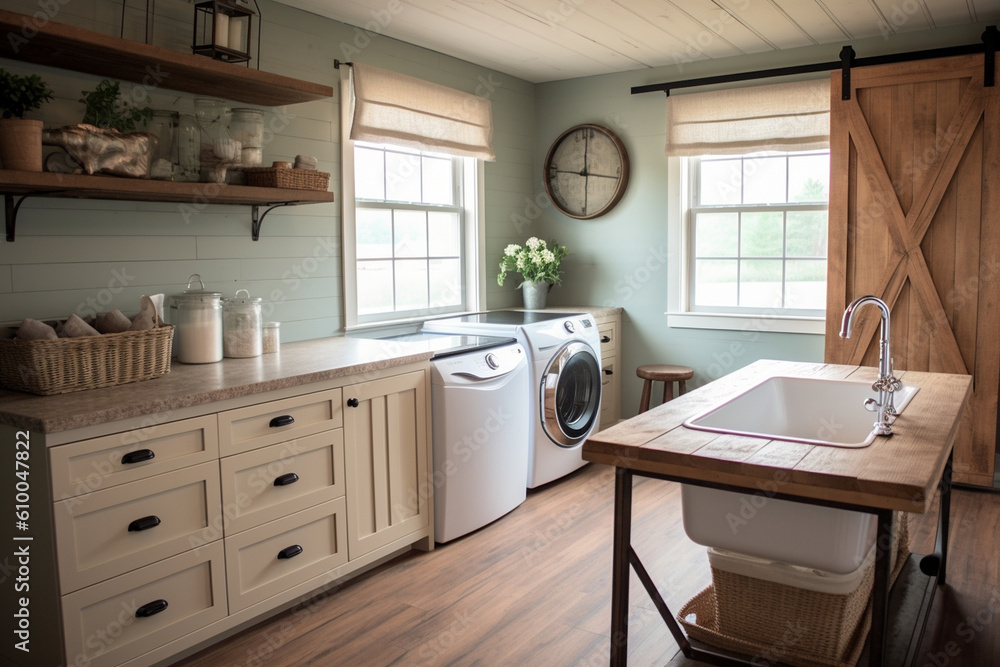 Rustic farmhouse laundry room with a farmhouse sink, open shelving, and ...
